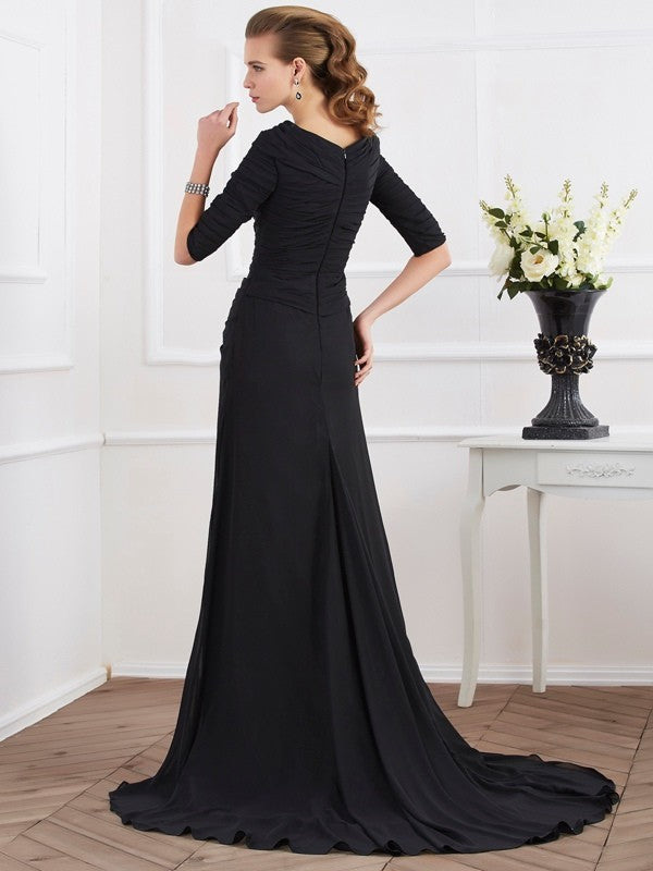Vestidos largos de gasa con pliegues, corte princesa, mangas 1/2